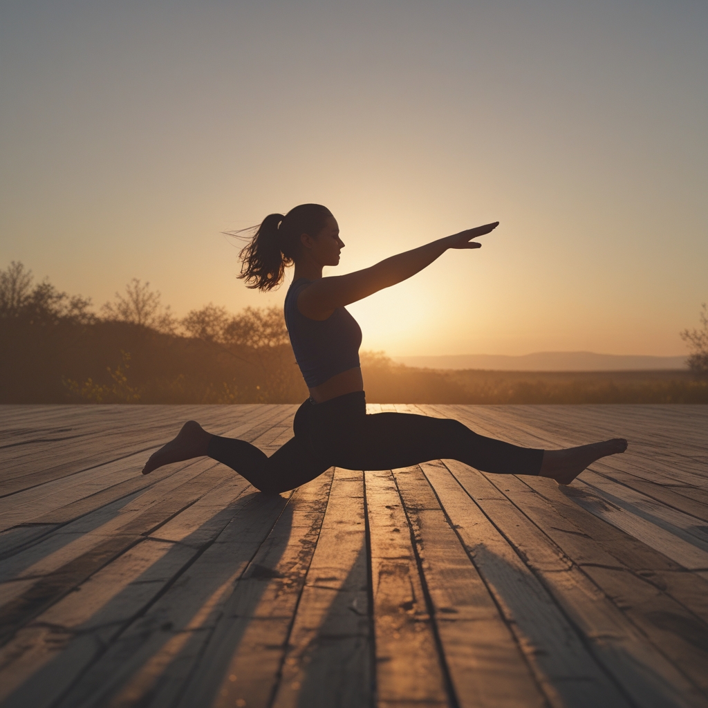 Person in a flowing movement pose at golden hour, silhouetted against warm sunrise light on an open wooden floor, deep dramatic shadows highlighting body contours and balance