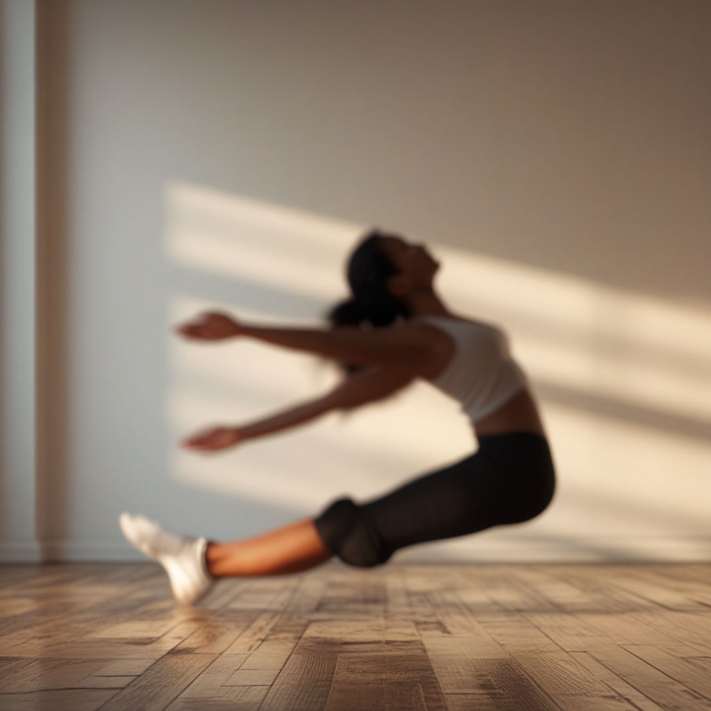 Natural blurred silhouette of a person stretching gently in soft morning light, warm neutral tones, minimal background with wooden floor texture