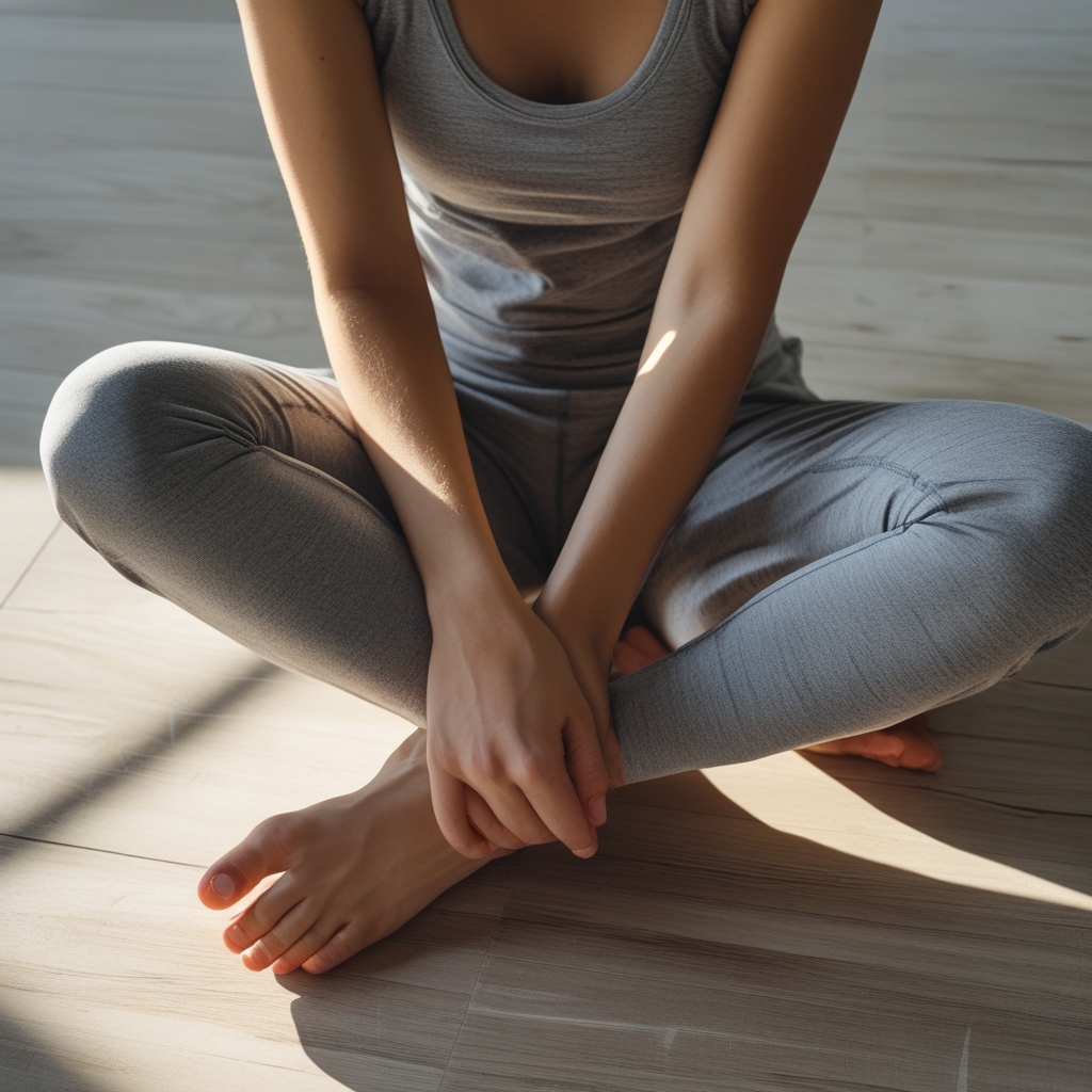 Close-up of a person sitting cross-legged on a wooden floor, hands resting on knees, gentle natural light highlighting the fabric folds of relaxed athletic wear