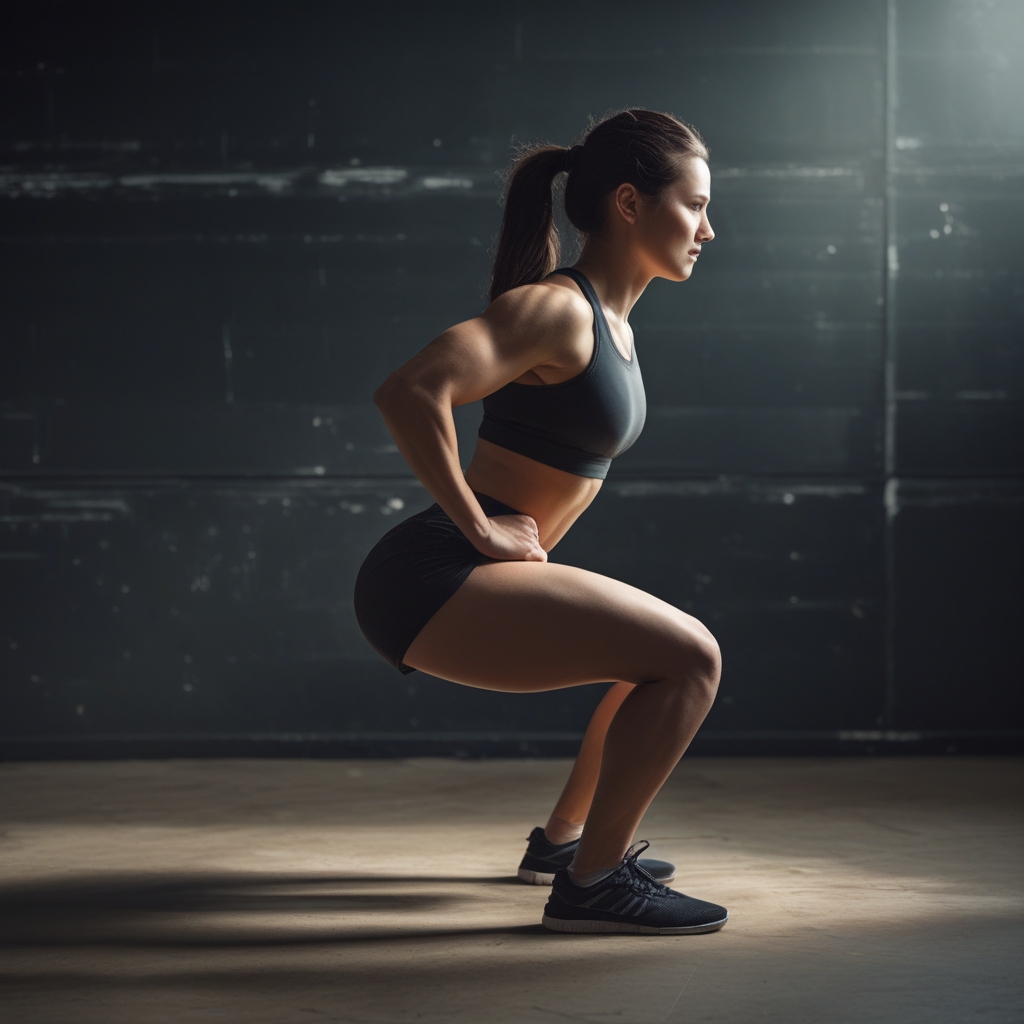 Side profile of a person in a controlled squat position with perfect posture, dark studio background with focused directional lighting highlighting muscle definition