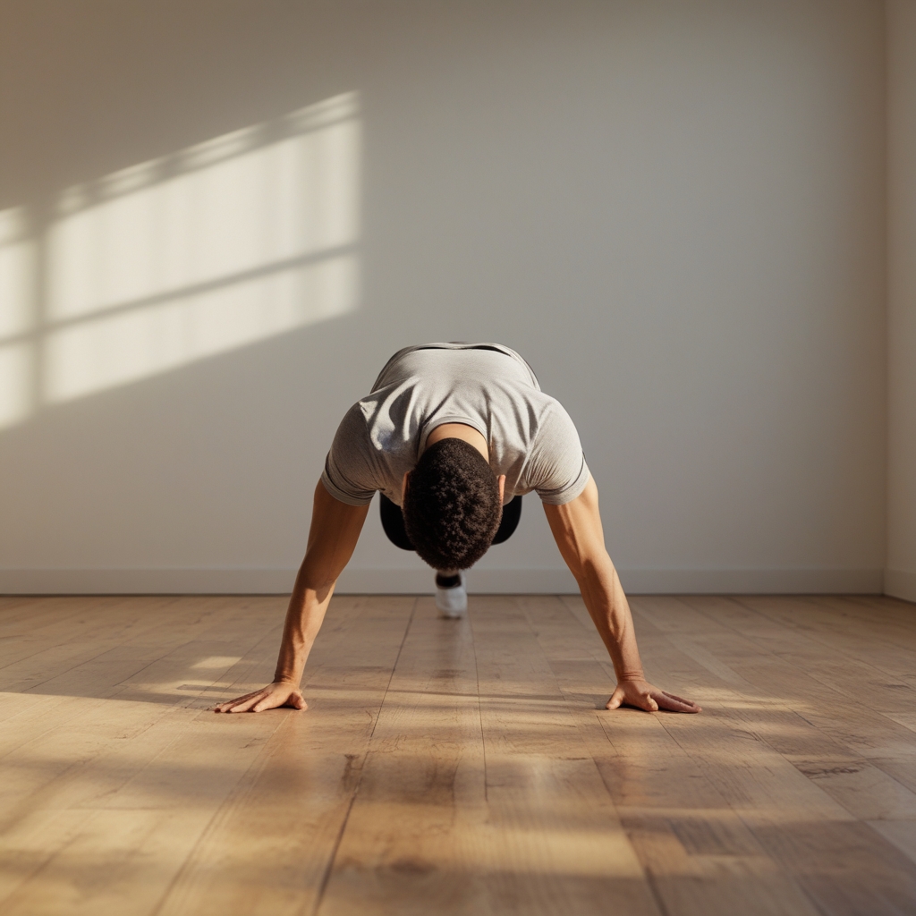 Person performing a slow controlled forward fold stretch on a wooden studio floor, natural daylight casting long soft shadows across the room