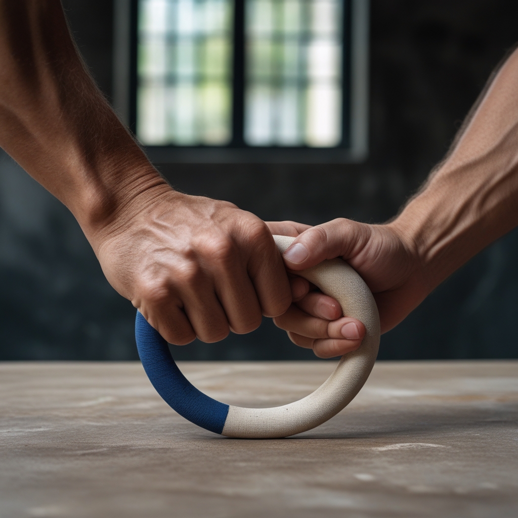 Two hands gripping a gymnastic ring against a dark background, extreme close-up showing knuckle texture and forearm muscle engagement