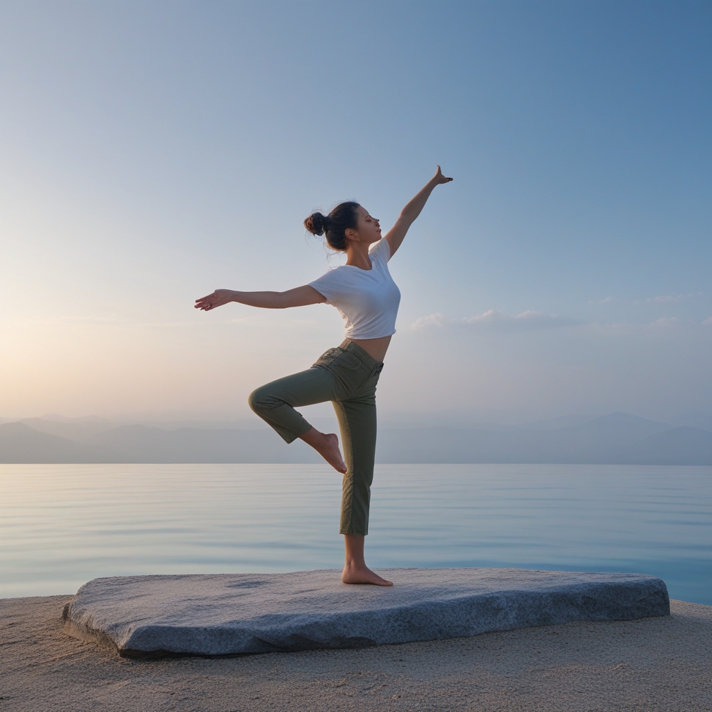 Person balancing on one leg on a smooth stone surface outdoors, arms extended, blue sky background with soft morning haze creating serene atmosphere